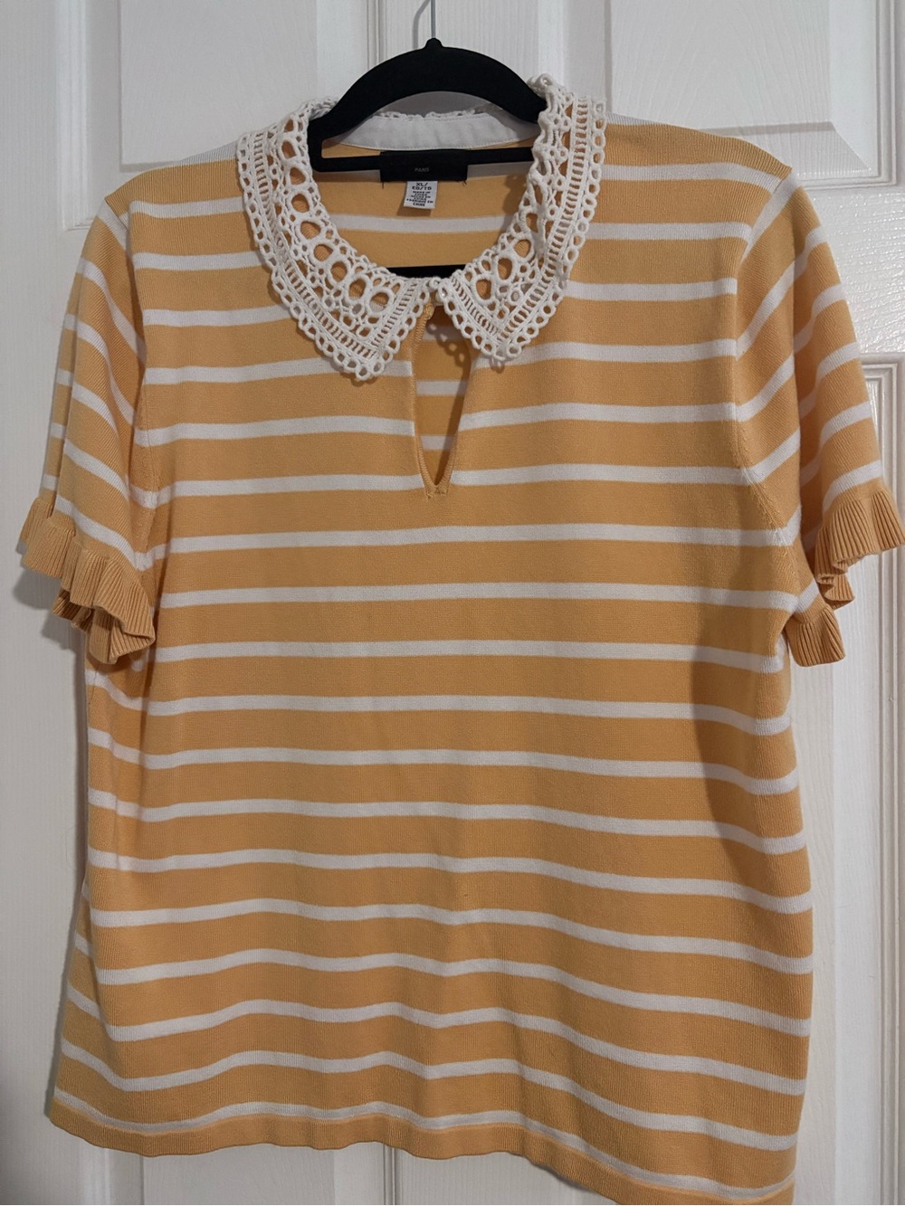 Karl Lagerfeld Yellow & White Striped Knit Top with Crochet Collar